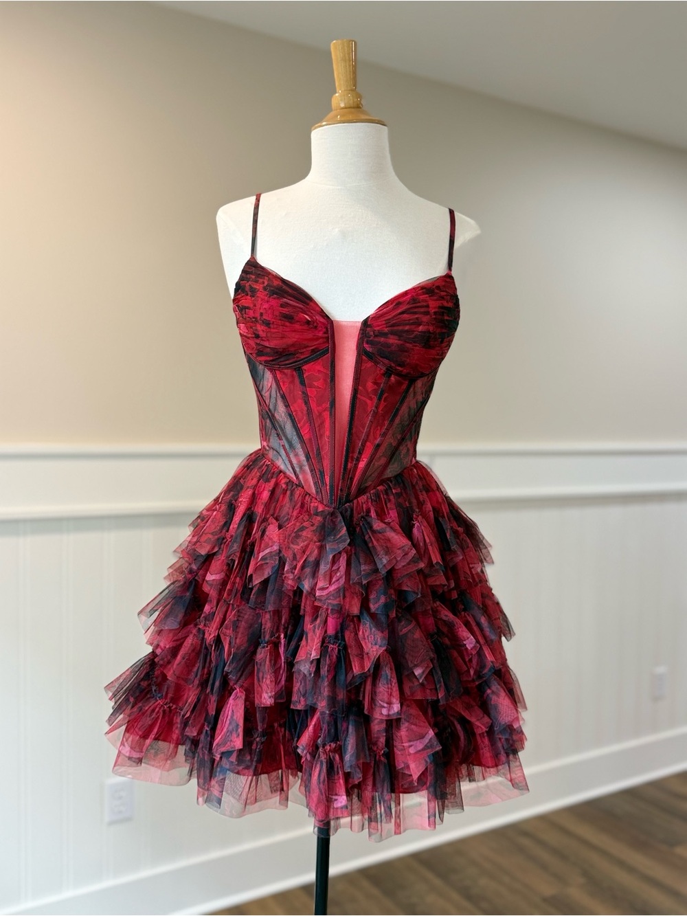 Alyce Paris Red and Black Layered Tulle Mini Dress - homecoming